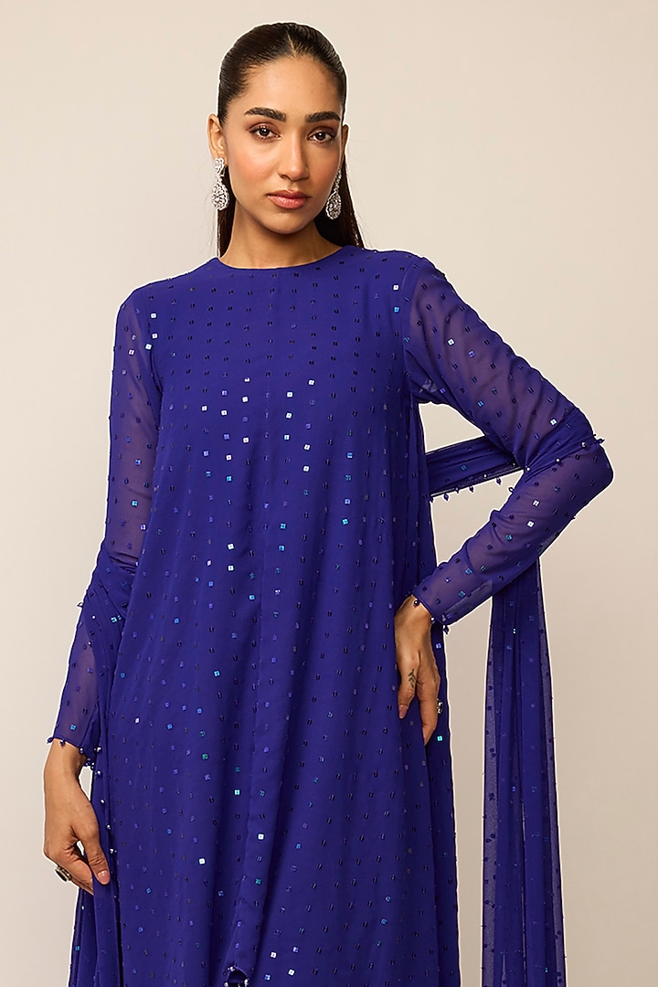 Cocktail Blue Georgette Embroidered Kurta Set by Vvani by Vani Vats at Pernia's Pop Up Shop
