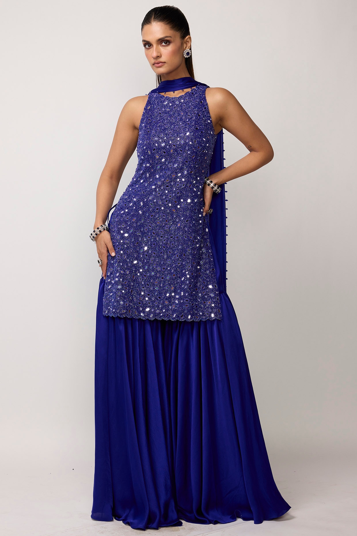 Vvani by Vani Vats Cocktail Blue Satin Sharara Set