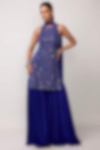 Cocktail Blue Satin Bridal Sharara Set by Vvani by Vani Vats at Pernia's Pop Up Shop