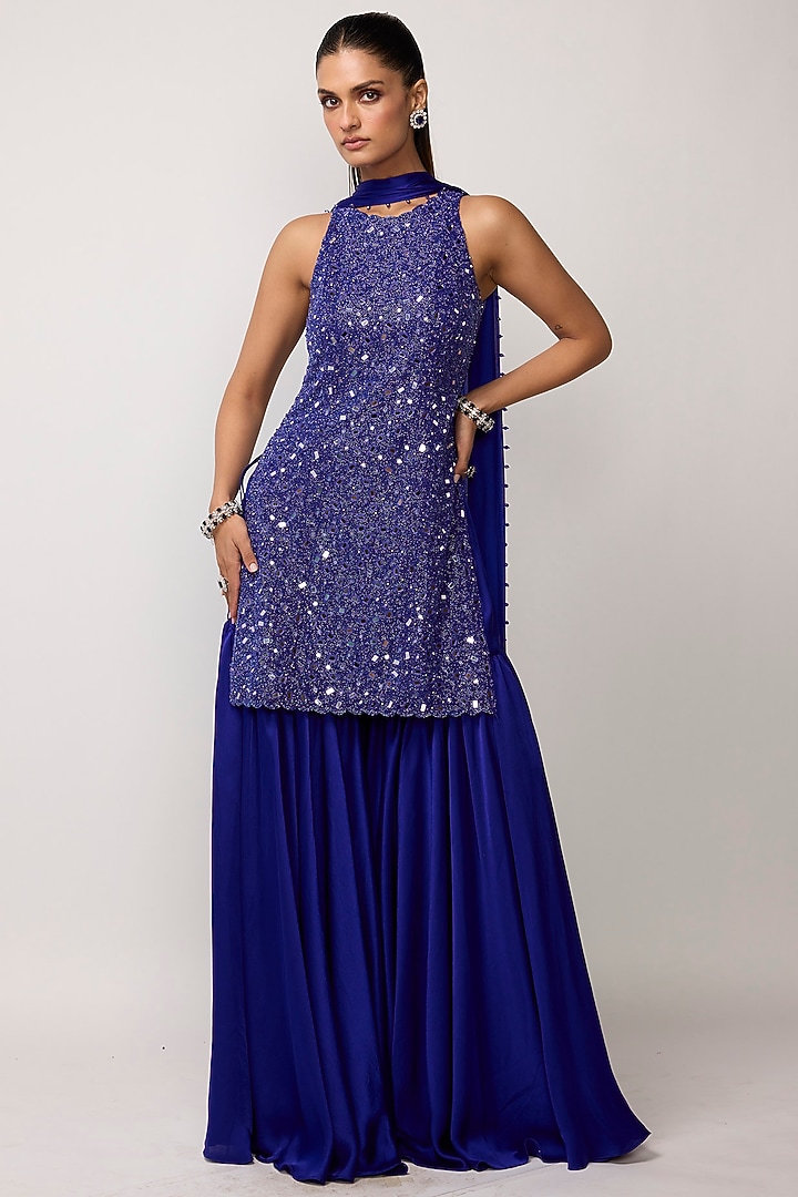Cocktail Blue Satin Bridal Sharara Set by Vvani by Vani Vats at Pernia's Pop Up Shop