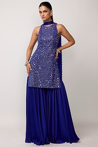 Cocktail Blue Satin Sharara Set by Vvani by Vani Vats
