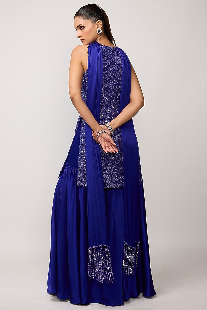 Cocktail Blue Satin Bridal Sharara Set by Vvani by Vani Vats at Pernia's Pop Up Shop