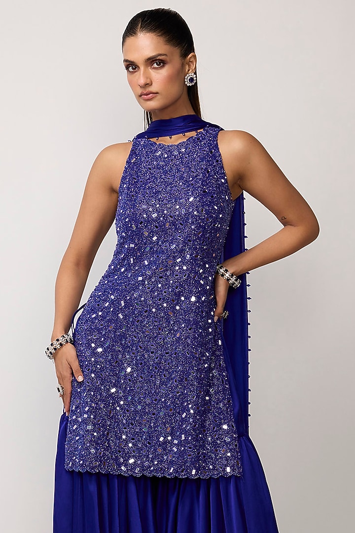 Cocktail Blue Satin Bridal Sharara Set by Vvani by Vani Vats at Pernia's Pop Up Shop