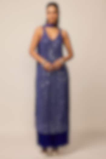 Cocktail Blue Net Mirror Embroidered Kurta Set by Vvani by Vani Vats at Pernia's Pop Up Shop