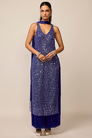 Cocktail Blue Net Mirror Embroidered Kurta Set by Vvani by Vani Vats