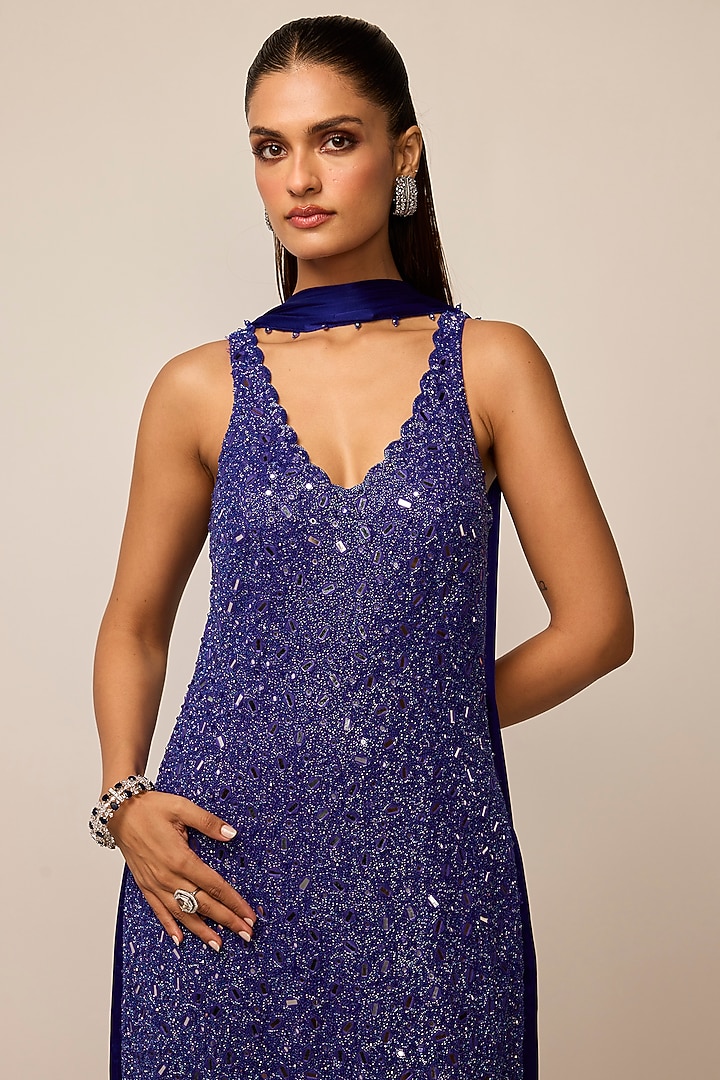 Cocktail Blue Net Mirror Embroidered Kurta Set by Vvani by Vani Vats at Pernia's Pop Up Shop