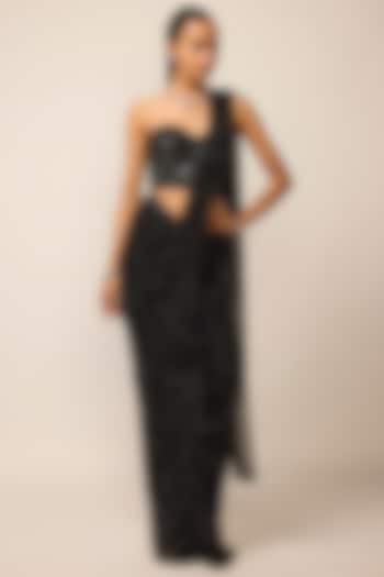 Black Georgette Cutdana Embroidered Draped Reception Saree Set by Vvani by Vani Vats at Pernia's Pop Up Shop