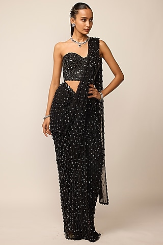 Black Georgette Cutdana Embroidered Draped Saree Set by Vvani by Vani Vats