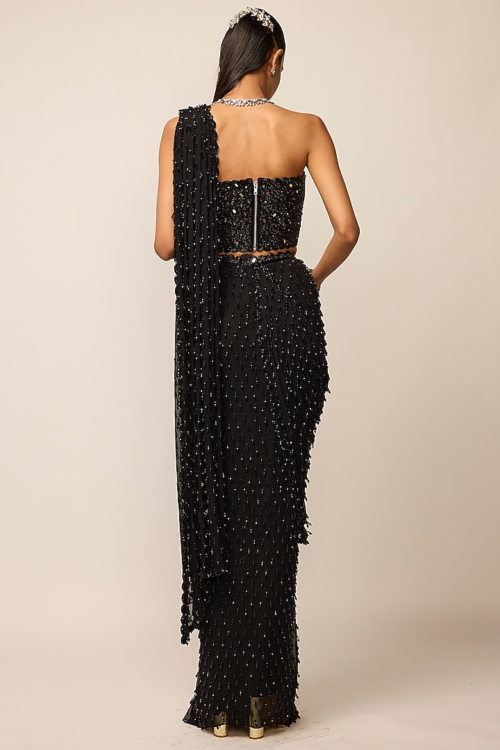 Black Georgette Cutdana Embroidered Draped Reception Saree Set by Vvani by Vani Vats at Pernia's Pop Up Shop