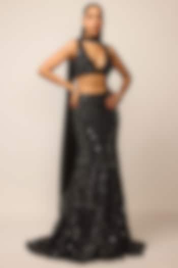 Black Net Mirror Embroidered Fish-Cut Bridal Lehenga Set by Vvani by Vani Vats at Pernia's Pop Up Shop