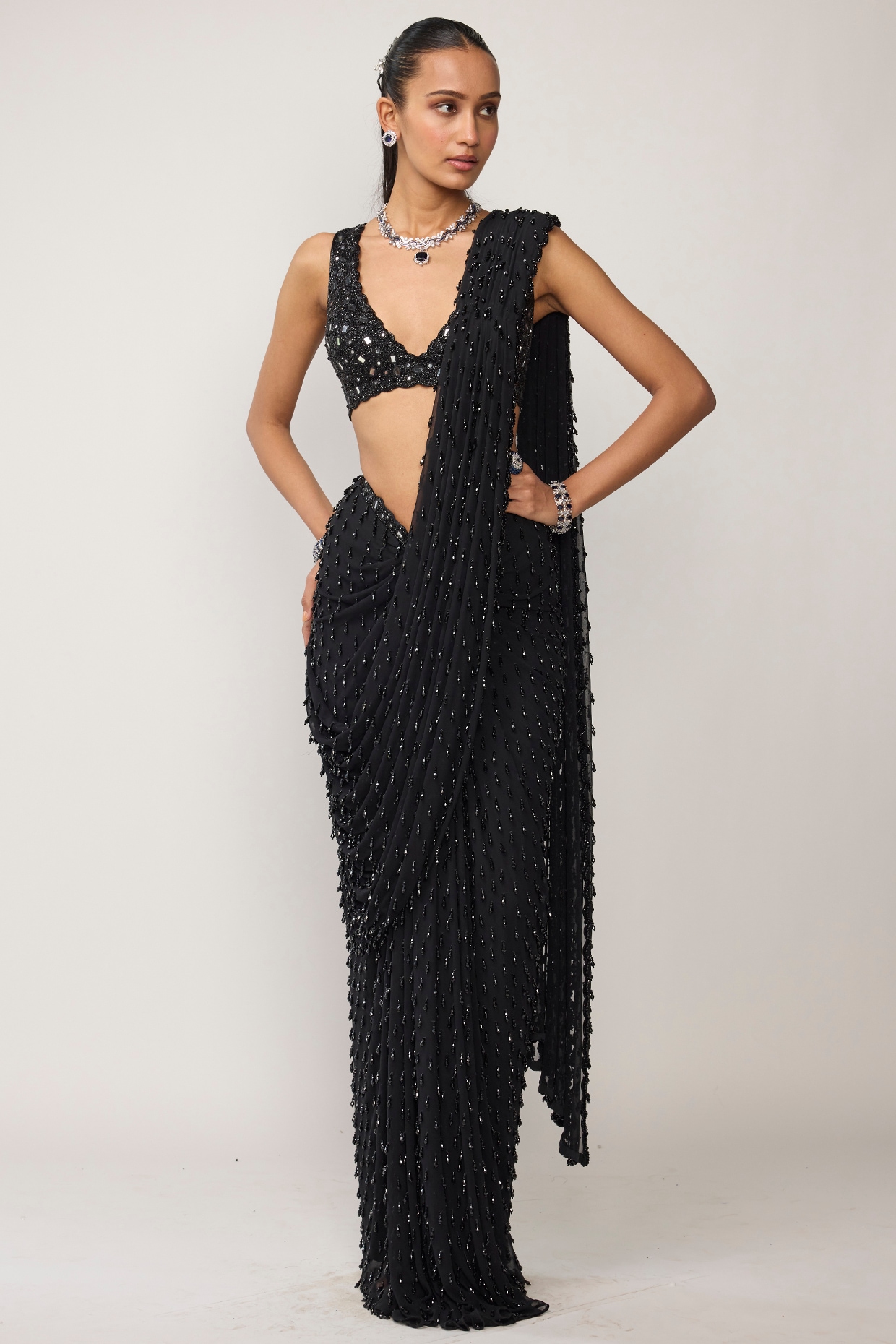 Vvani by Vani Vats Black Georgette Cutdana Embroidered Draped Saree Set
