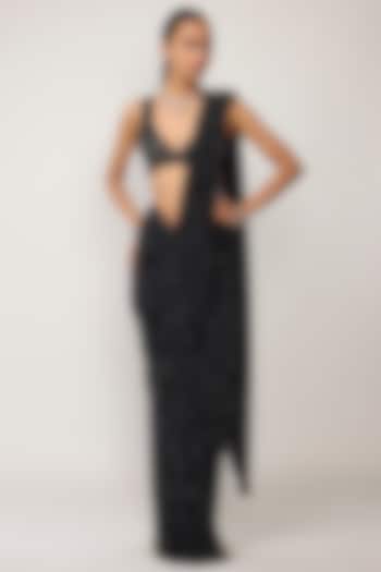 Black Georgette Cutdana Embroidered Draped Reception Saree Set by Vvani by Vani Vats at Pernia's Pop Up Shop