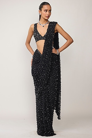 Black Georgette Cutdana Embroidered Draped Saree Set by Vvani by Vani Vats