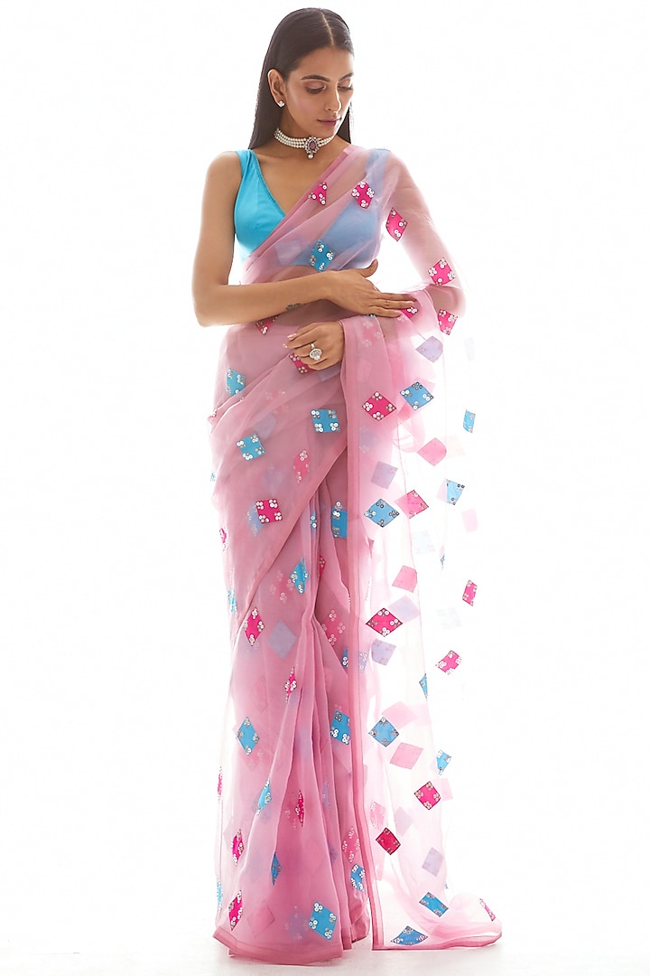 Dull Pink & Blue Embroidered Saree Set by Vvani by Vani Vats