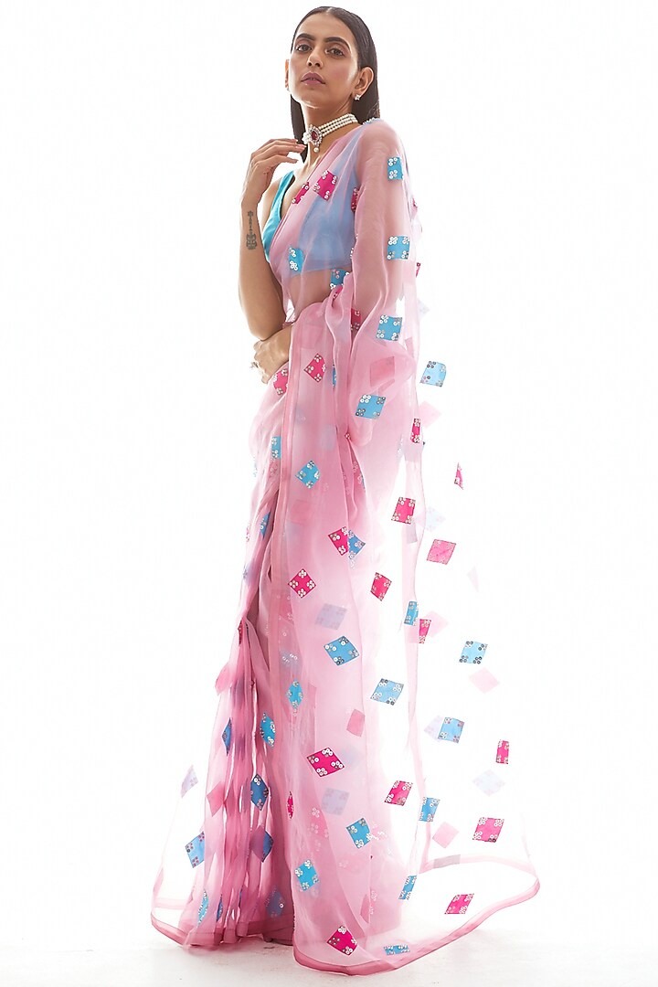 Dull Pink & Blue Embroidered Wedding Saree Set by Vvani by Vani Vats at Pernia's Pop Up Shop