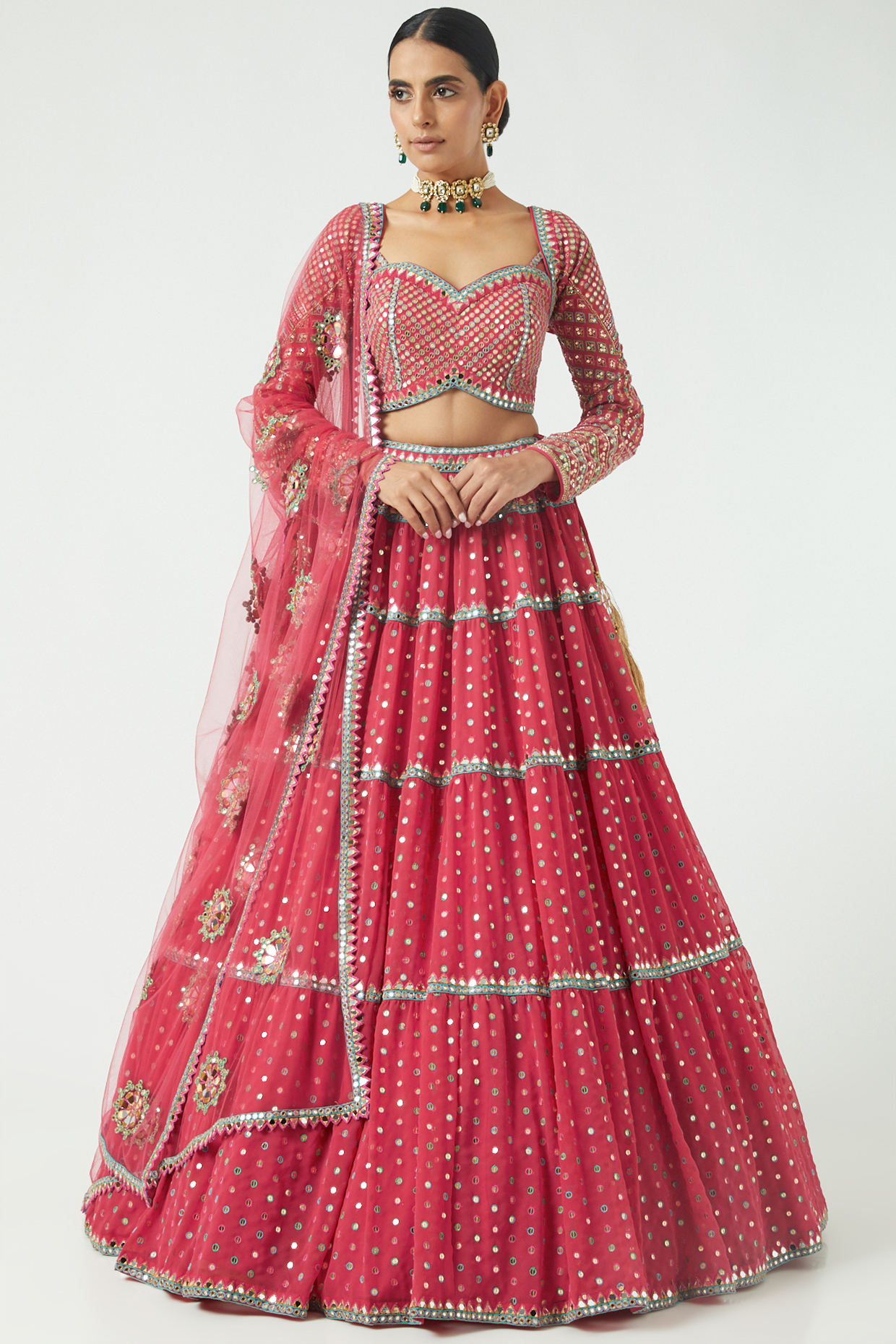 Deep Coral Georgette Sequined Tiered Wedding Lehenga Set by Vvani By Vani Vats at Pernia's Pop Up Shop