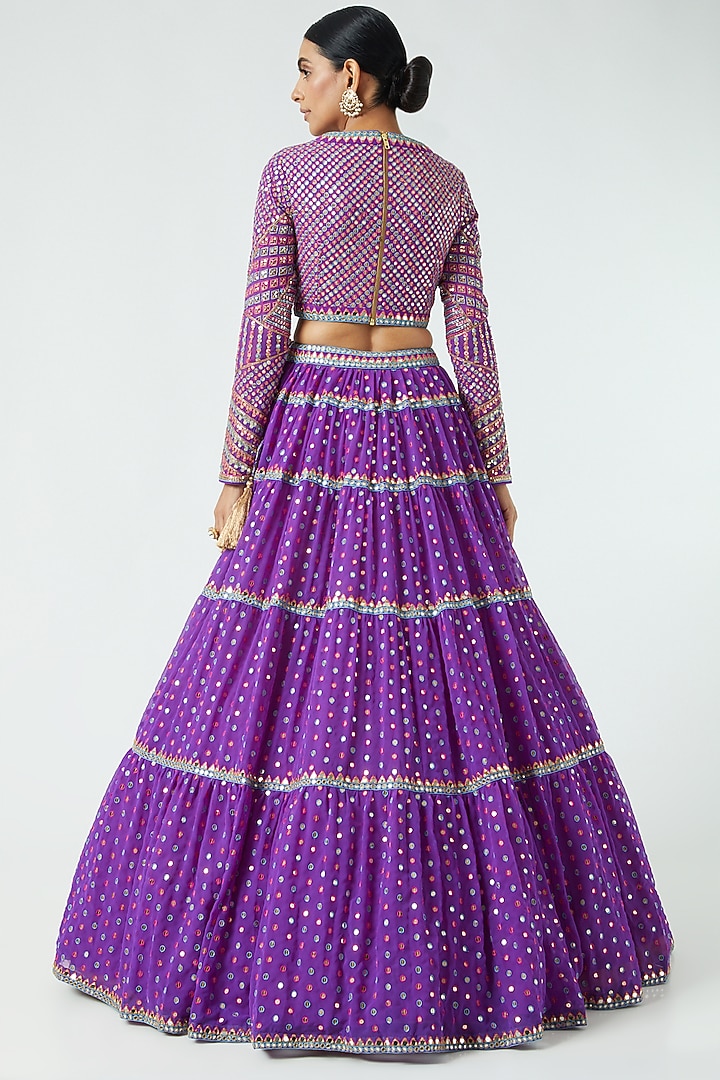 Purple Georgette Sequined Tiered Wedding Lehenga Set by Vvani By Vani Vats at Pernia's Pop Up Shop