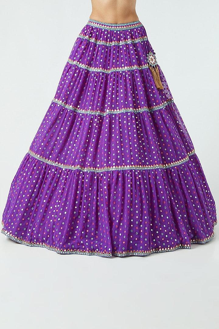 Purple Georgette Sequined Tiered Wedding Lehenga Set by Vvani By Vani Vats at Pernia's Pop Up Shop