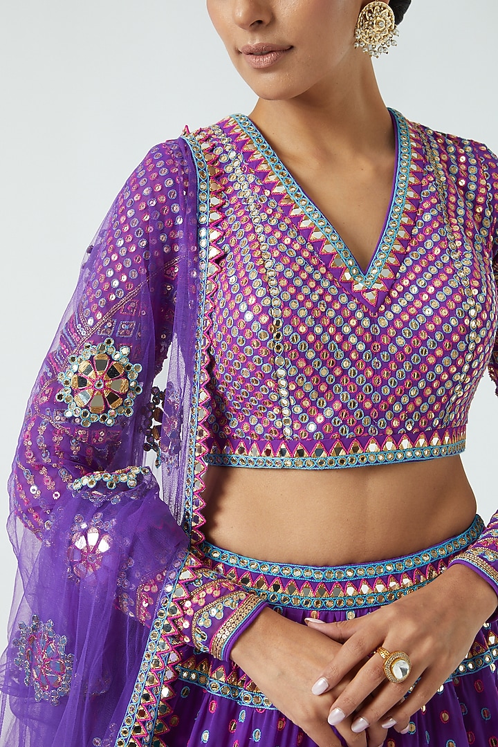 Purple Georgette Sequined Tiered Wedding Lehenga Set by Vvani By Vani Vats at Pernia's Pop Up Shop