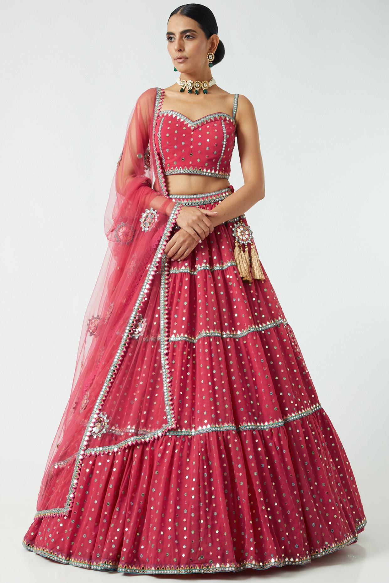 Deep Coral Georgette Sequined Tiered Wedding Lehenga Set by Vvani By Vani Vats at Pernia's Pop Up Shop