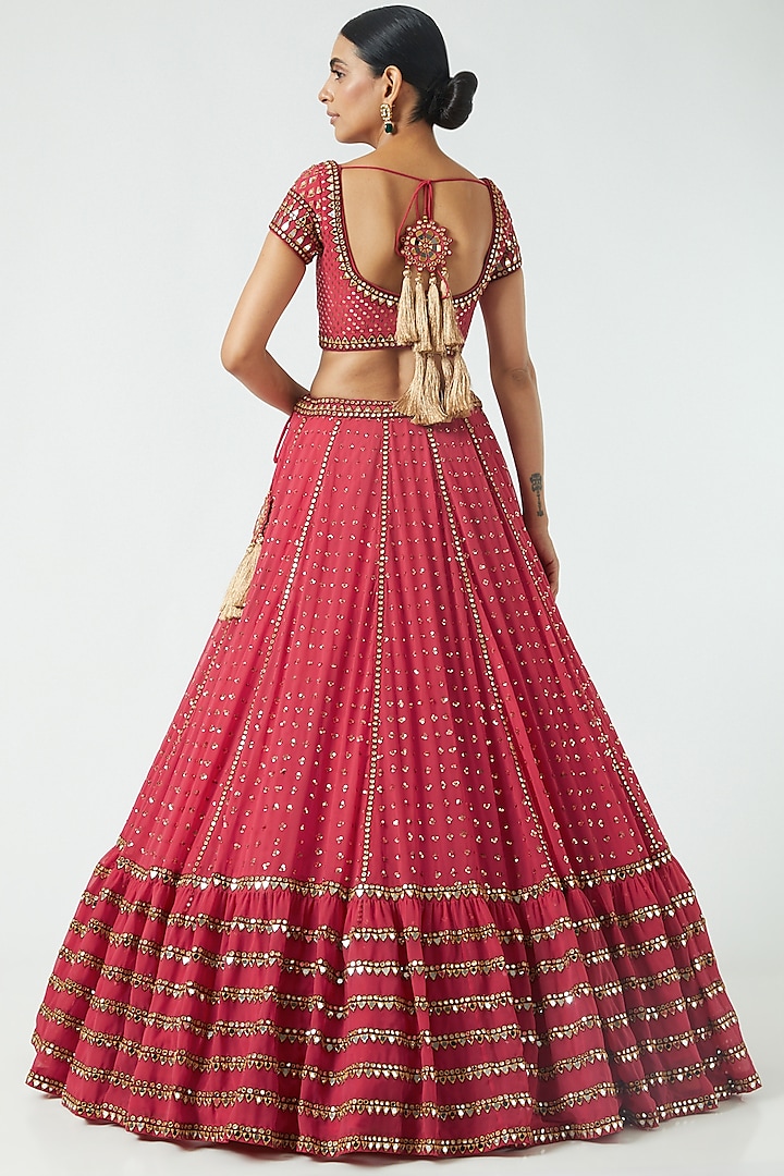 Deep Coral Georgette Sequined Tiered Wedding Lehenga Set by Vvani By Vani Vats at Pernia's Pop Up Shop