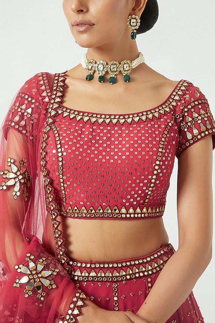 Deep Coral Georgette Sequined Tiered Wedding Lehenga Set by Vvani By Vani Vats at Pernia's Pop Up Shop