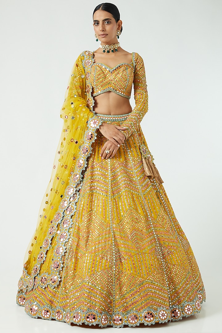 Yellow Georgette Hand Embroidered Bridal Lehenga Set by Vvani By Vani Vats at Pernia's Pop Up Shop