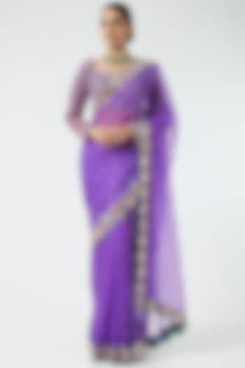 Purple Silk Organza Sequins Embroidered Wedding Saree Set by Vvani By Vani Vats at Pernia's Pop Up Shop