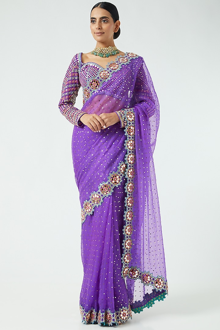 Purple Silk Organza Sequins Embroidered Saree Set by Vvani By Vani Vats