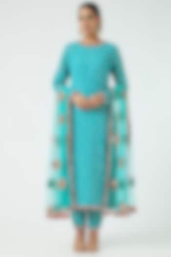 Blue Hand Embroidered Kurta Set by Vvani By Vani Vats at Pernia's Pop Up Shop