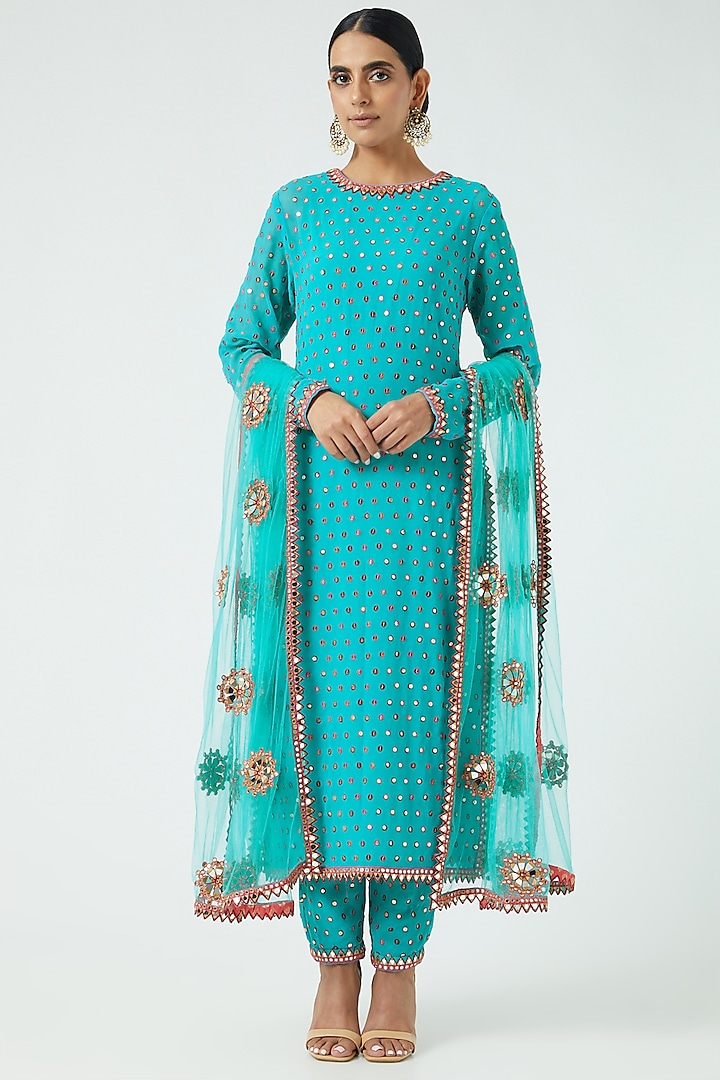 Blue Hand Embroidered Kurta Set by Vvani By Vani Vats at Pernia's Pop Up Shop