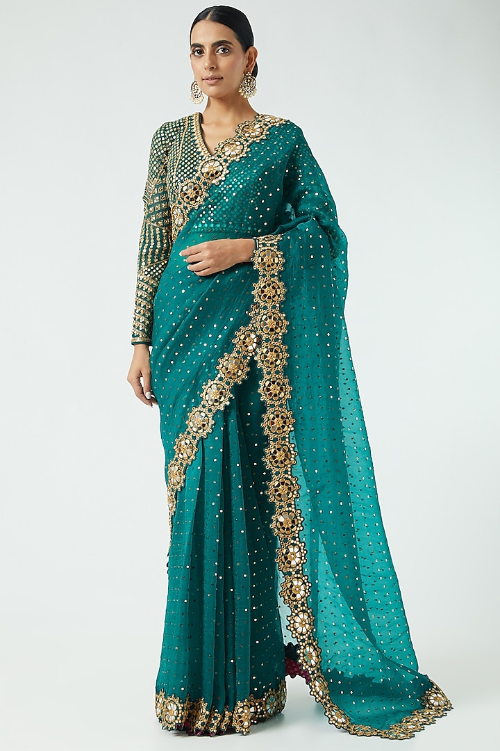 Emerald Green Silk Organza Mirror Work Saree Set by Vvani By Vani Vats