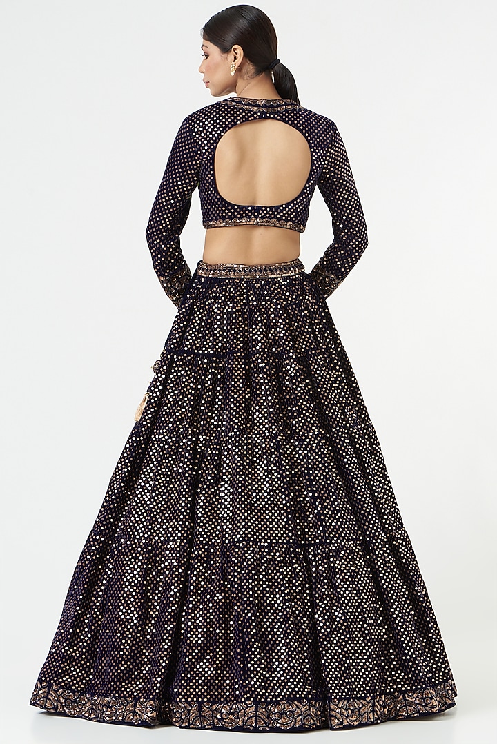 Navy Blue Velvet Embellished Bridal Lehenga Set by Vvani by Vani Vats at Pernia's Pop Up Shop