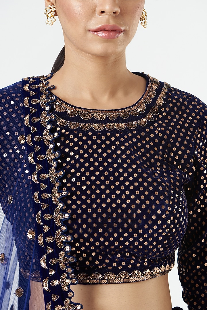 Navy Blue Velvet Embellished Bridal Lehenga Set by Vvani by Vani Vats at Pernia's Pop Up Shop