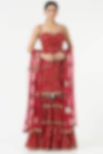 Crimson Red Georgette Wedding Sharara Set by Vvani by Vani Vats at Pernia's Pop Up Shop