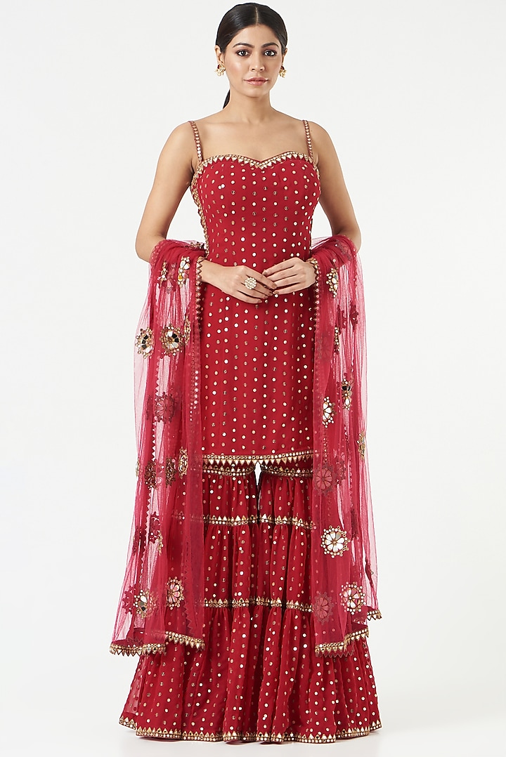 Crimson Red Georgette Wedding Sharara Set by Vvani by Vani Vats at Pernia's Pop Up Shop