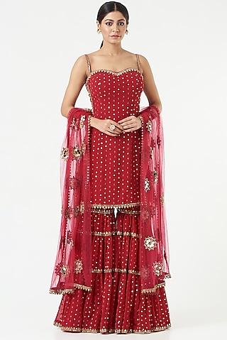 Crimson Red Georgette Sharara Set by Vvani by Vani Vats