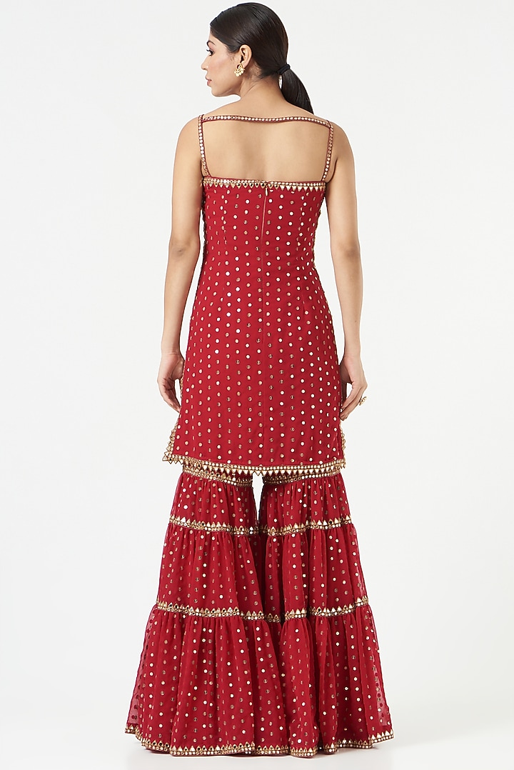 Crimson Red Georgette Wedding Sharara Set by Vvani by Vani Vats at Pernia's Pop Up Shop