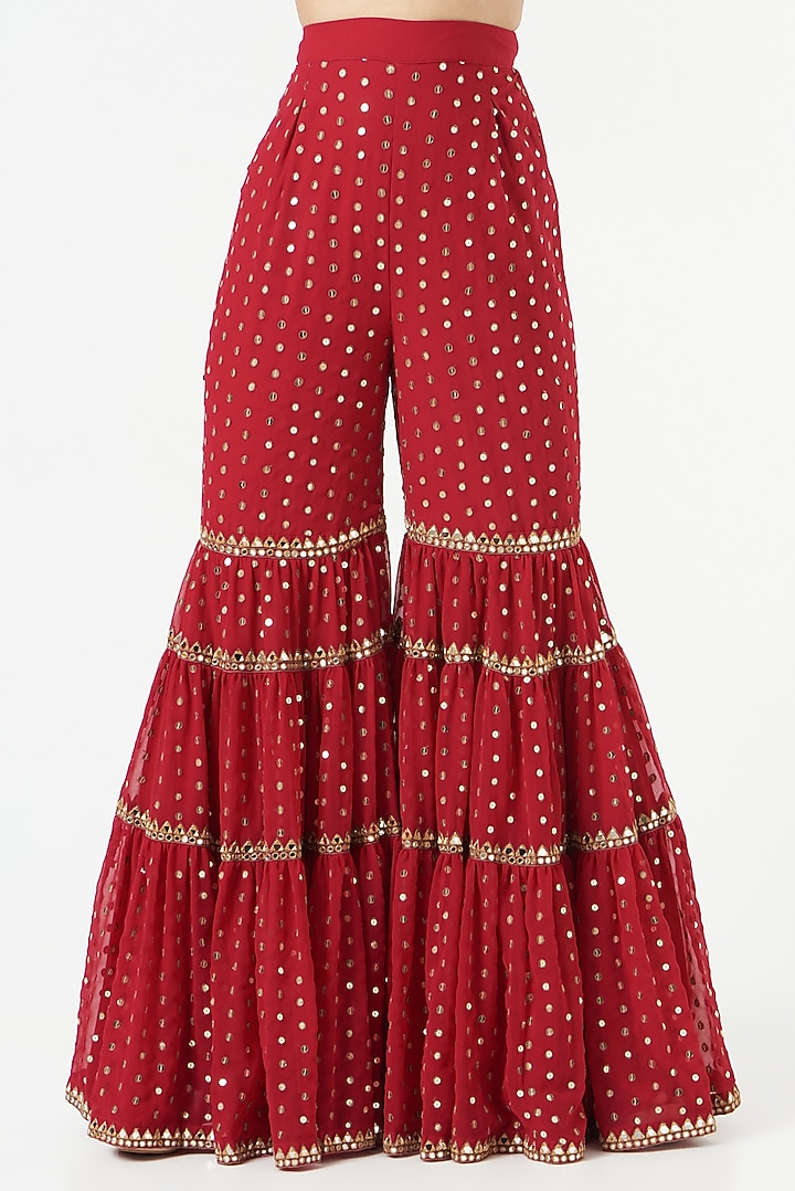Crimson Red Georgette Wedding Sharara Set by Vvani by Vani Vats at Pernia's Pop Up Shop