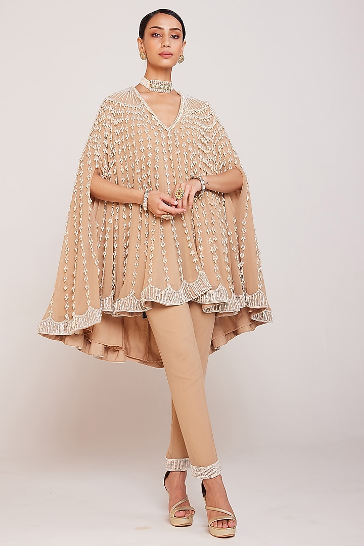 Beige Georgette Embellished Asymmetric Cape Set by Vvani By Vani Vats at Pernia's Pop Up Shop
