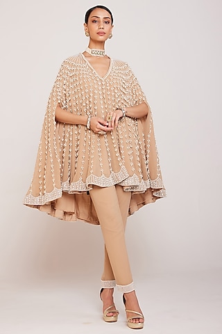 Beige Georgette Embellished Asymmetric Cape Set by Vvani By Vani Vats