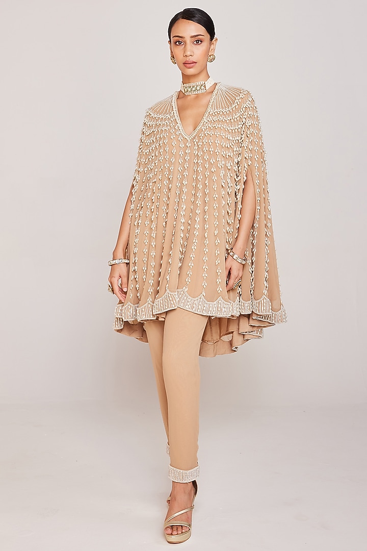Beige Georgette Embellished Asymmetric Cape Set by Vvani By Vani Vats at Pernia's Pop Up Shop