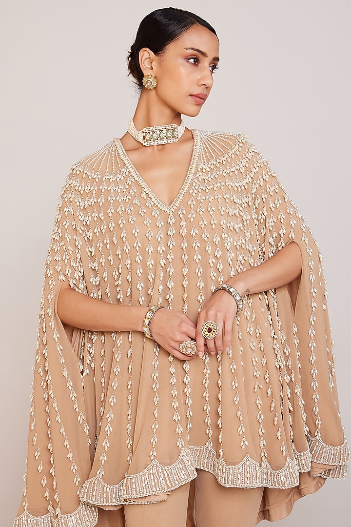 Beige Georgette Embellished Asymmetric Cape Set by Vvani By Vani Vats at Pernia's Pop Up Shop