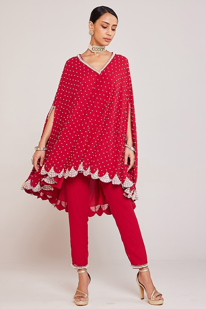 Crimson Red Georgette Cape Set by Vvani By Vani Vats at Pernia's Pop Up Shop