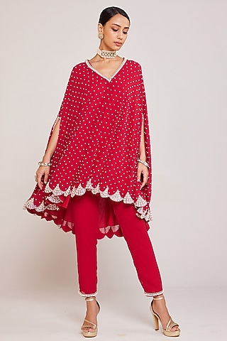 Crimson Red Georgette Cape Set by Vvani By Vani Vats