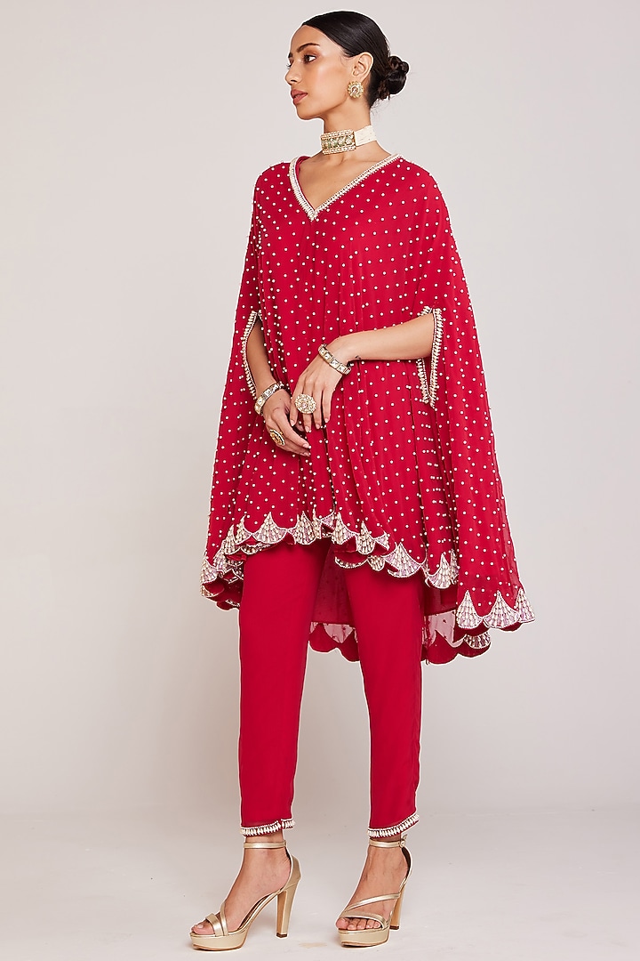 Crimson Red Georgette Cape Set by Vvani By Vani Vats at Pernia's Pop Up Shop
