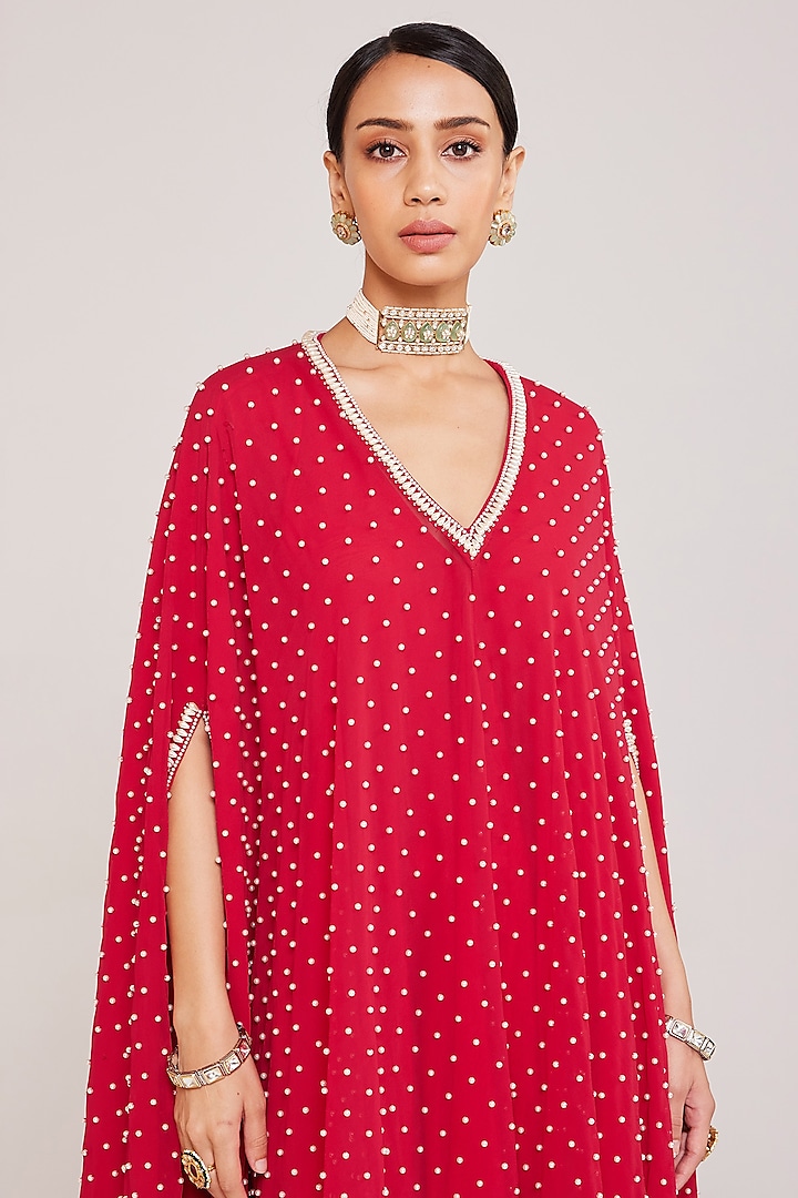 Crimson Red Georgette Cape Set by Vvani By Vani Vats at Pernia's Pop Up Shop