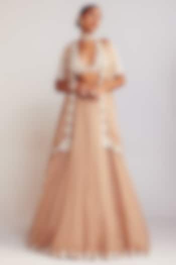 Beige Organza Pearl Embellished Wedding Lehenga Set by Vvani By Vani Vats at Pernia's Pop Up Shop