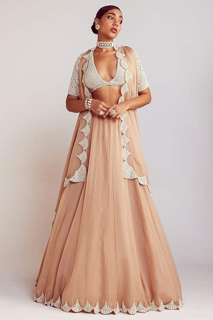 Beige Organza Pearl Embellished Wedding Lehenga Set by Vvani By Vani Vats at Pernia's Pop Up Shop