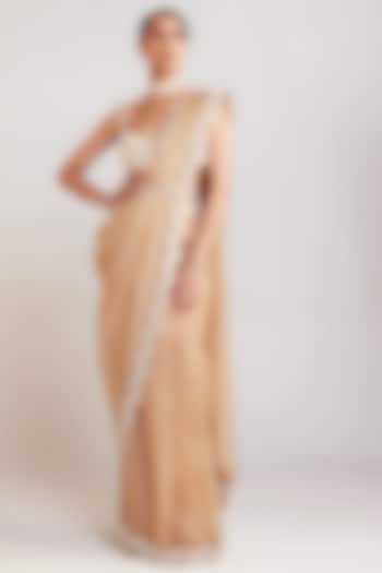 Beige Organza Embellished Wedding Saree Set by Vvani By Vani Vats at Pernia's Pop Up Shop